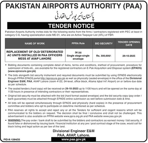 Pakistan Airport Authority Lahore Tender Notice